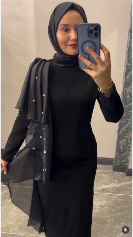 ORGANZELİ OMZU TAŞLI ELBİSE
